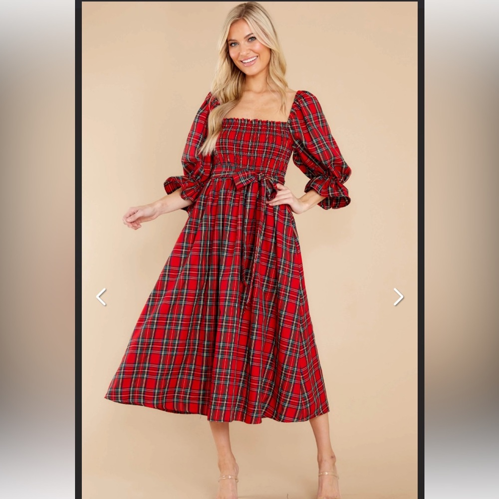 Red Dress Boutique - Aura - Everyday Cheer Red Plaid Maxi Dress - Size S - NWT